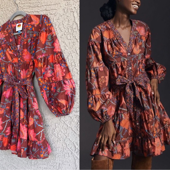 FARM RIO PETITE ANTHRO Floral Bird Printed Belted Puff Sleeve Tiered Mini Dress - Picture 17 of 17